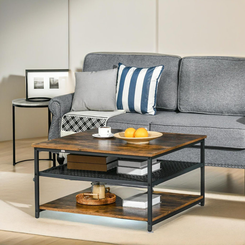 Rustic Industrial 2 Tier Coffee Table with Storage Shelves, Living Room Furniture