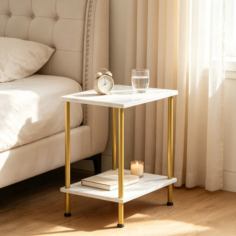 Ensemble de 2 tables de bout, petite table d'appoint avec tablettes de rangement à 2 niveaux, table de chevet pour la chambre à coucher, structure en métal robuste, assemblage facile, finition en marbre