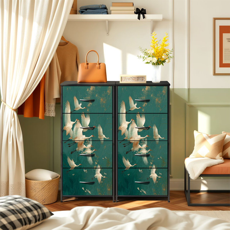 Commode pour la chambre à coucher avec 4 tiroirs de rangement Grues blanches à texture turquoise à l'eau Abstrait Commode Commode en tissu avec cadre en acier pour vestibule