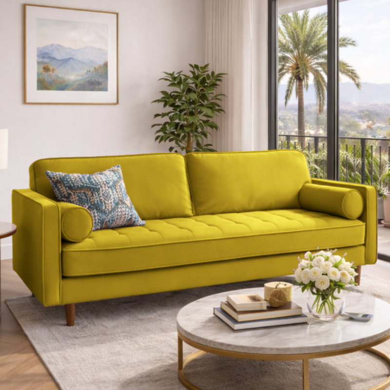 Alden 70" Square Arm Velvet Sofa, Yellow