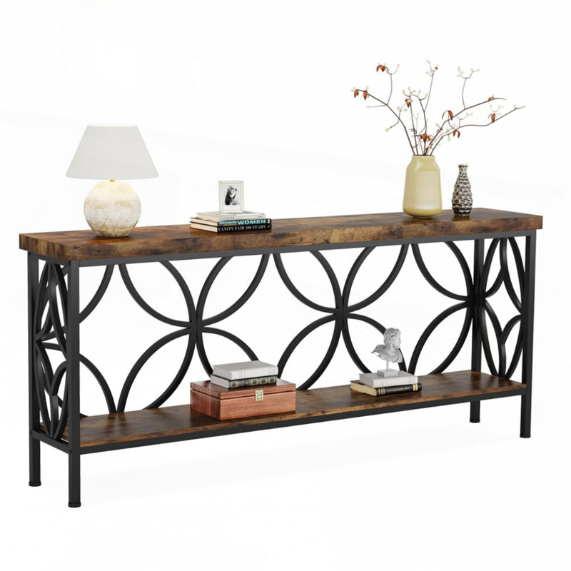 Extra Long Industrial Console Table Narrow Sofa Table with Open Storage Shelves Rustic Entryway Table for Hallway, Brown