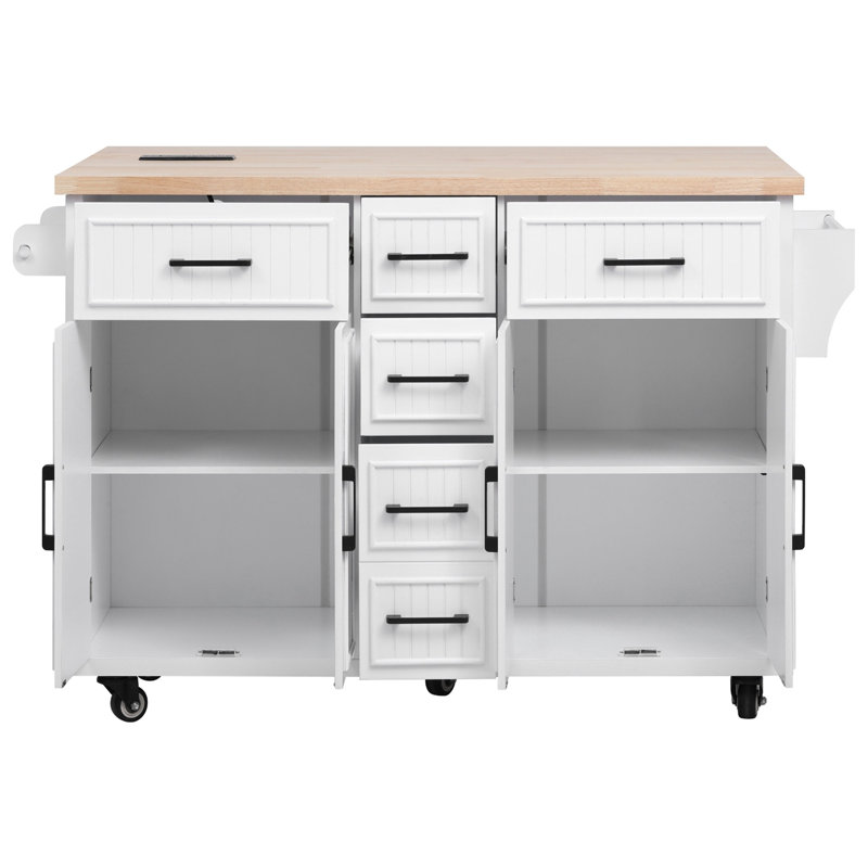 56.5" W Kitchen Island with Drop Leaf and Built-In Charging Station , 36'' H X 56.5'' W X 29.5'' D, White