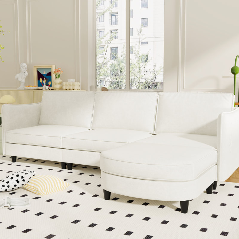 4 - Seat L Shaped Couch 107.8'' Long, Beige Breathable Fabric, Movable , Stable Legs, Arm Pocket For Magazines And Remotes Fabric With Comfortable Spring Foam Cushions, Armrest Living Office Spaces