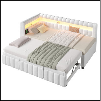 Lit simple tapissier très grand et très grand avec lumières DEL, USB et lit gigogne escamotable