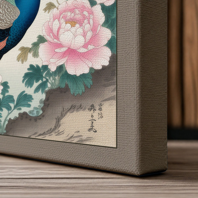 Peacock Among Roses Japandi - Wrapped Canvas, 36x24 - 91.4 x 61.0 cm, Taupe Border