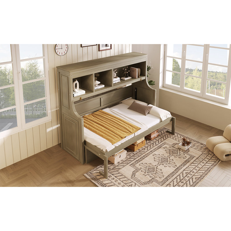 Lit escamotable simple avec bureau et tablettes de rangement, gris délavé