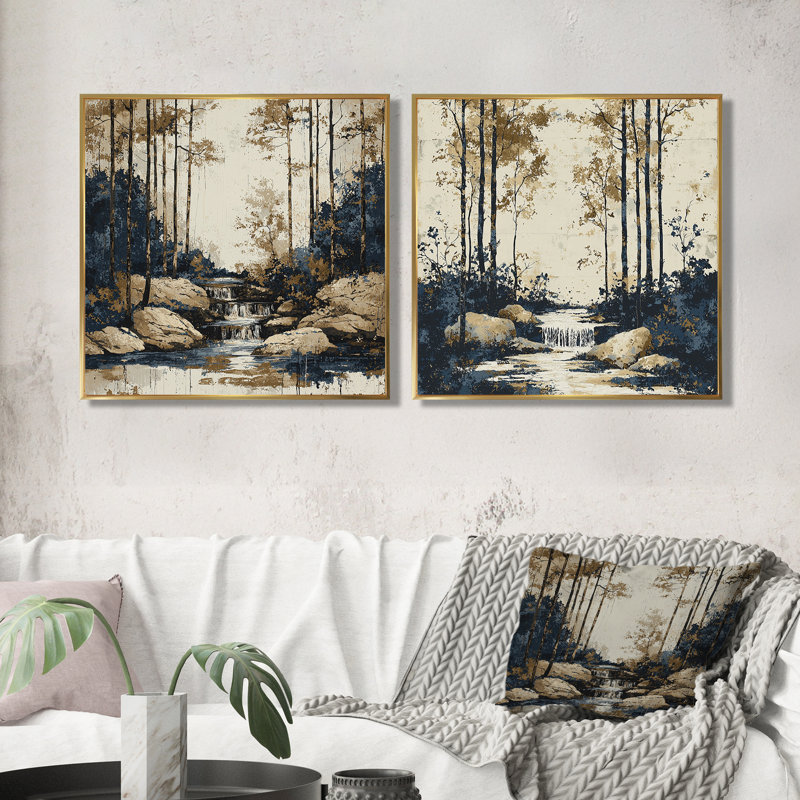 «Beige Forest» et «Blue River Natures Balance I», ensemble d'art décoratif mural, ensemble 2 pièces, H 36 po x l 73 po, Doré