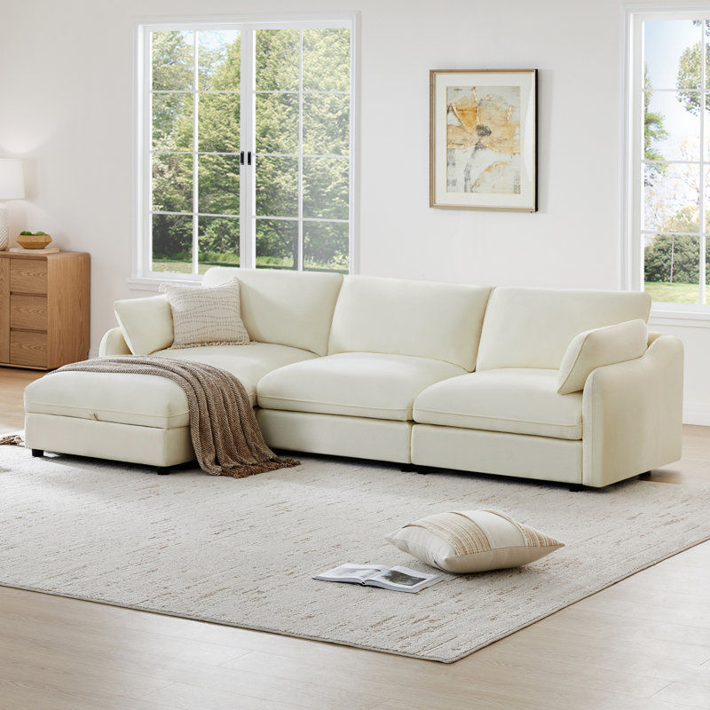 112" W 4 - Piece Modern Soft Upholstered Modular Sectional Sofa With Ottoman, Linen Polyester