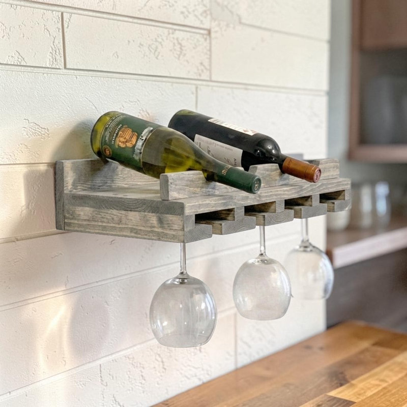Support à vin mural avec porte-verre Rustic Luxe, Gris