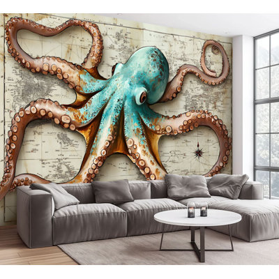 Papier peint adhésif peler et coller décor de plage, tortue de mer, pieuvre côtière, sarcelle, baleine rétro, papier autocollant amovible, contact mural pour salon, chambre à coucher H 100 po x l 144 po