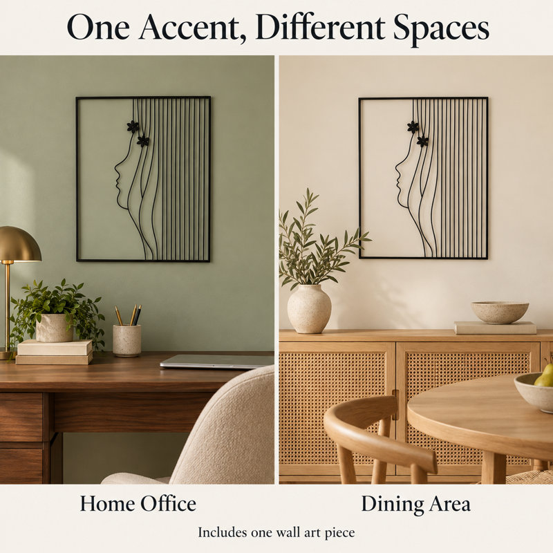 19" Black Abstract Female Face Line Metal Wall Art for Bedroom and Living Room