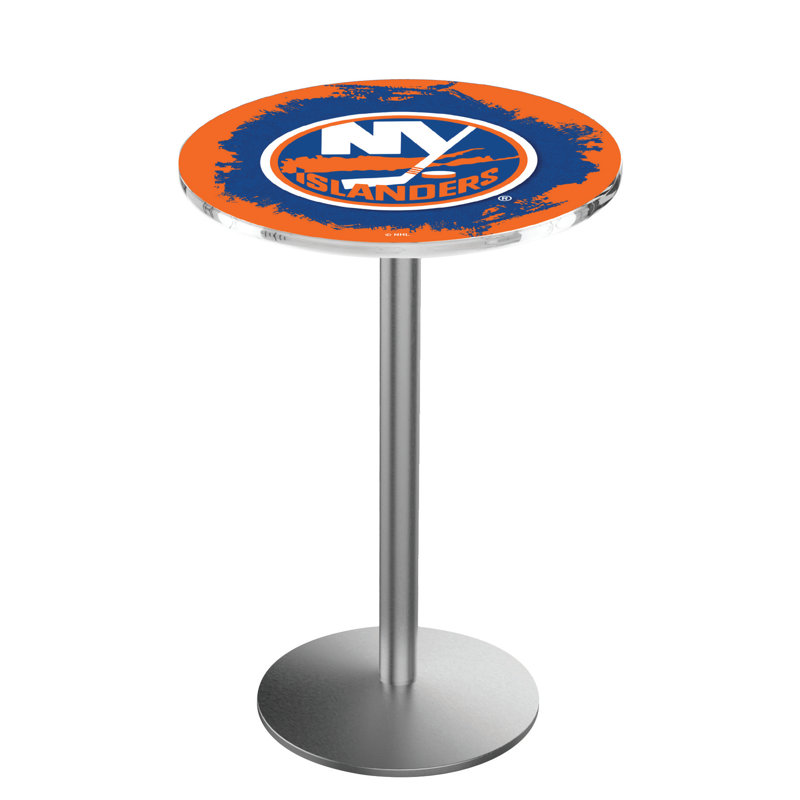 NHL Round Metal Base Dining Table, New York Islanders, Stainless Steel
