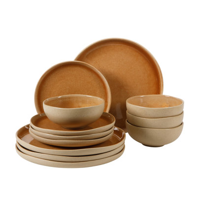 Gibson Elite Manila Bay 12-Piece Stoneware Dinnerware Set, Service for 4, Reactive Glaze Modern Artisan Plates & Bowls, Orange, Round Design