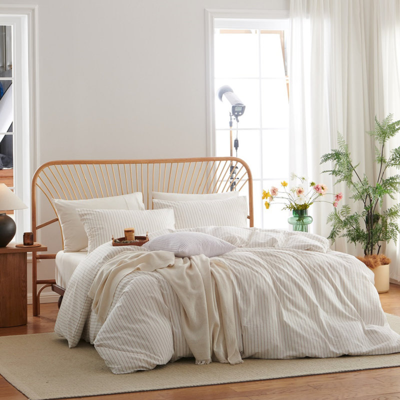 Ensemble de housse de couette rayée en coton délavé comme du lin, Housse de couette grand et 2 taies d'oreiller stan