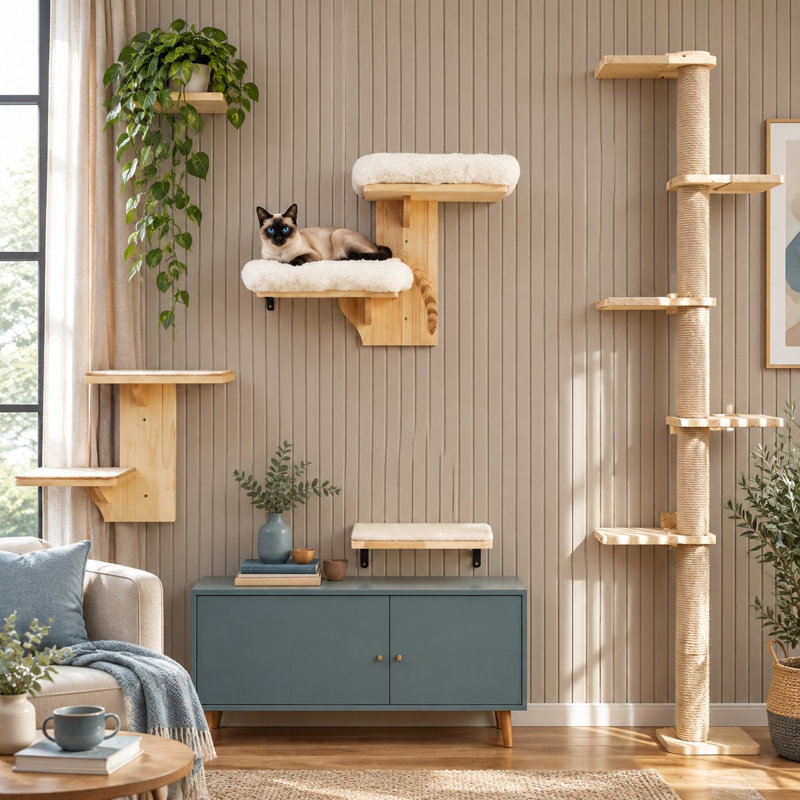 Conçu pour les cloisons sèches de 40 cm (16 pouces), cet ensemble de meubles muraux flottants en bois d'hévéa massif offre aux chatons 2 plates-formes avec un perchoir à coussin moelleux, idéal pour grimper, jouer et faire la sieste.