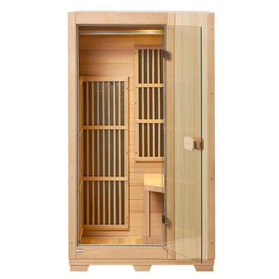 Sauna en bois à infrarouge lointain, sauna pour une seule personne, sauna en bois de pruche à infrarouge lointain avec porte en verre trempé et lampe de lecture à DEL et haut-parleurs Bluetooth, utilisation intérieure de 1140 W