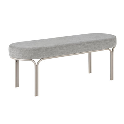 Modern Entryway Decor With Gray Chenille Bench, Champagne Tone Iron Legs, 18" Product Height Contemporary 1Pc Bench Metal Oval Design, Seat For Living Area