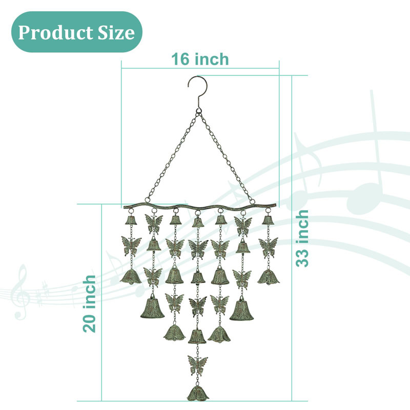 Large Verdigris Butterfly Wind Chimes with Wrought Iron Bell