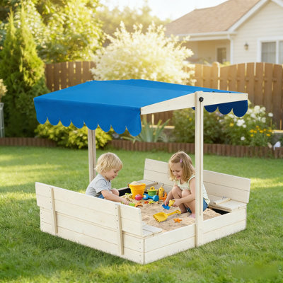 43.7" x 43.7" Solid Wood Square Sandbox with Adjustable Cover, Foldable Sandbox For Backyard, Garden and Beach