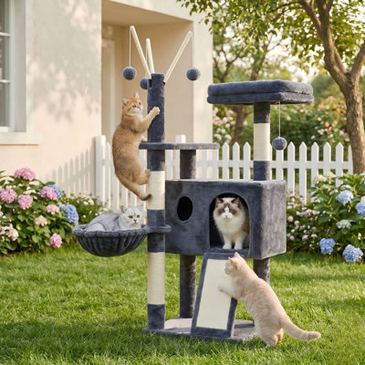 Tour pour arbre à chat 41,3 po, poteaux à griffer avec jouets amovibles, condo confortable, plateforme, hamac, planche à gratter en sisal, balle, pour chatons d'intérieur, gris fumé