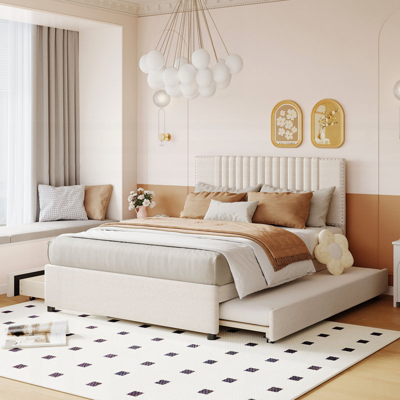 Lit plateforme double tapissier pleine grandeur avec 2 tiroirs et 1 lit gigogne simple, tête de lit classique, beige, Beige