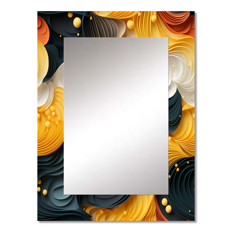 Jaune et noir Midcentury Waves Fusion - miroir mural décoratif abstrait, miroir moderne, impression d'art en métal