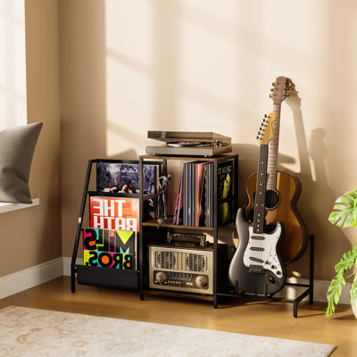 Record Player Stand with Guitar Rack, 3 Tier Vinyl Record Storage, Holds 2 Guitars, All-in-One Music Shelf