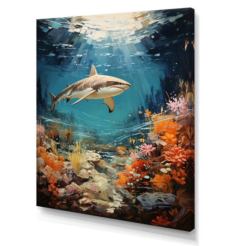 Teal Shark Coastal Creatures " Teal Shark Coastal Creatures ", Wrapped Canvas, 44" H x 34" W x 1.5" D