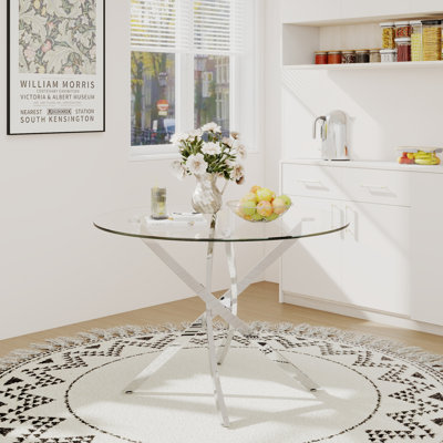 Table de salle à manger ronde en verre 36 po, plateau en verre transparent épais, base en métal à pieds torsadés, table de cuisine minimaliste moderne pour la salle à manger et la maison