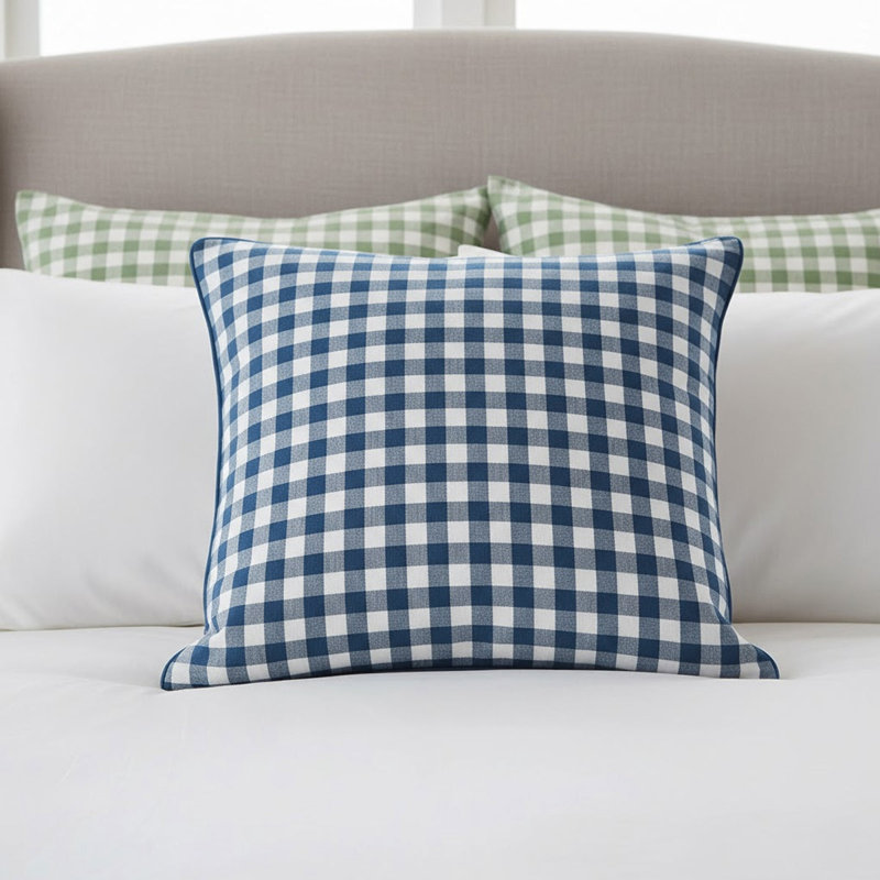 Gingham Pattern Euro Sham, White/Navy Blue, Square 24"