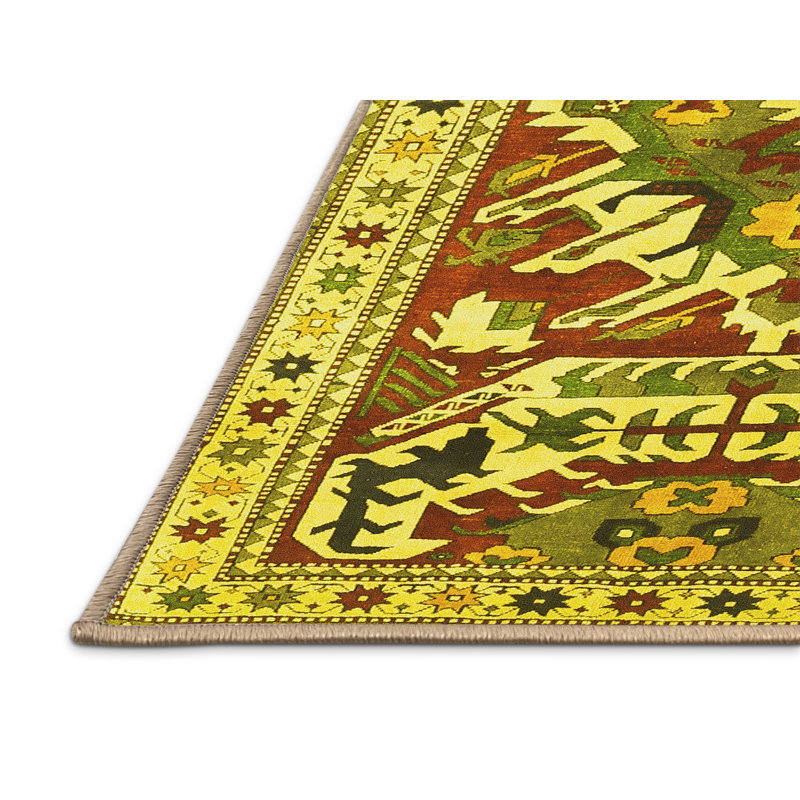 Tapis traditionnels jaunes 1176 lavables à la machine, Rectangle 7 pi x 9 pi
