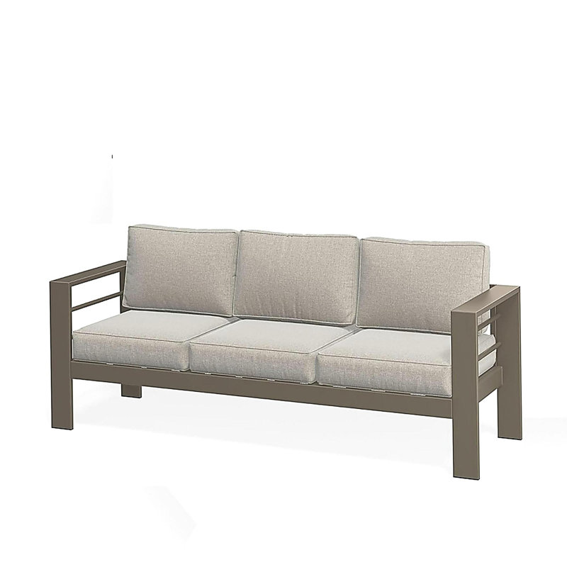 75" All-Weather Metal 3-Seat Patio Sofa Couch with Thick Beige Cushions & Khaki Frame