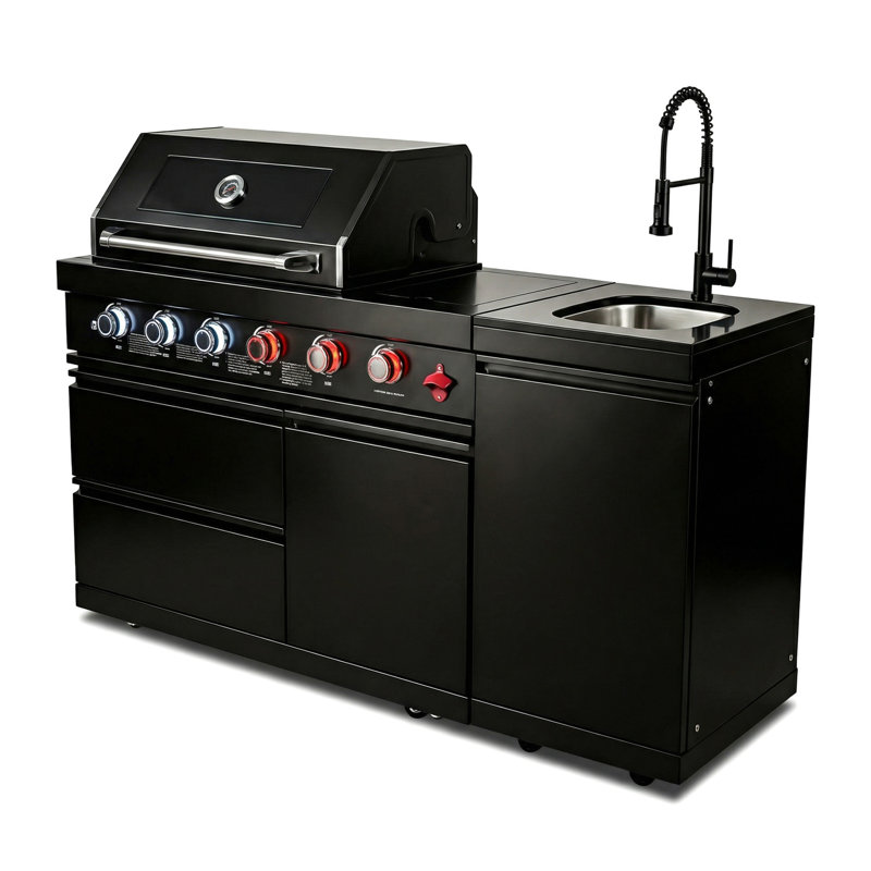 65-Inch 4-Burner 72000 BTU Deluxe Stainless Steel Propane Gas Outdoor Kitchen Bar Barbecue Island Grill + Round Side Burner + Marble Countertops