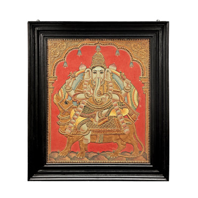 Lord Ganesha assis sur un rat Tanjore, peinture | Couleurs traditionnelles avec or 24 carats | Structure en bois de teck
