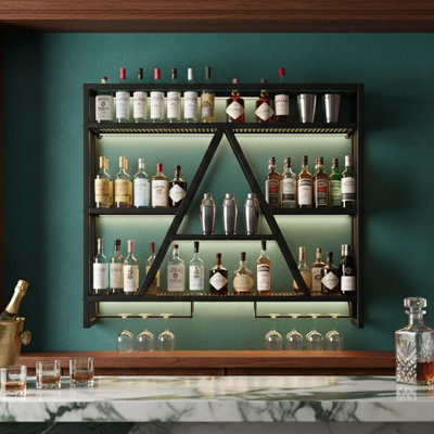 Wall Mounted Wine Rack With LED Lights, 39.4In Metal Wine Bottle And Glass Holder, A-Frame Bar Shelf For Kitchen, Bar, Cafe Wine Rack Background, (Bla