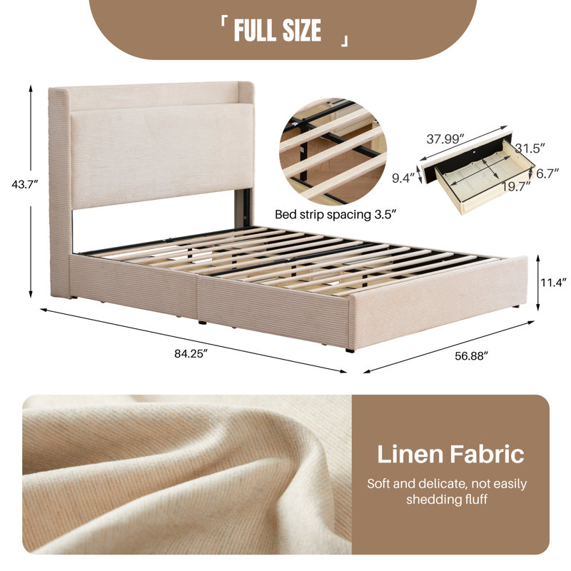 Sittard Upholstered Storage Platform Bed, Cream, Full