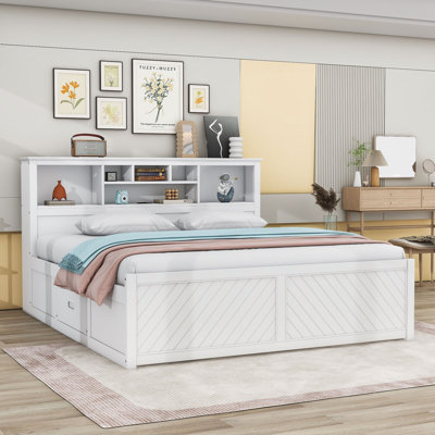 King Two Drawers Wood Platform Bed with Storage Shelves and USB by Lark Manor