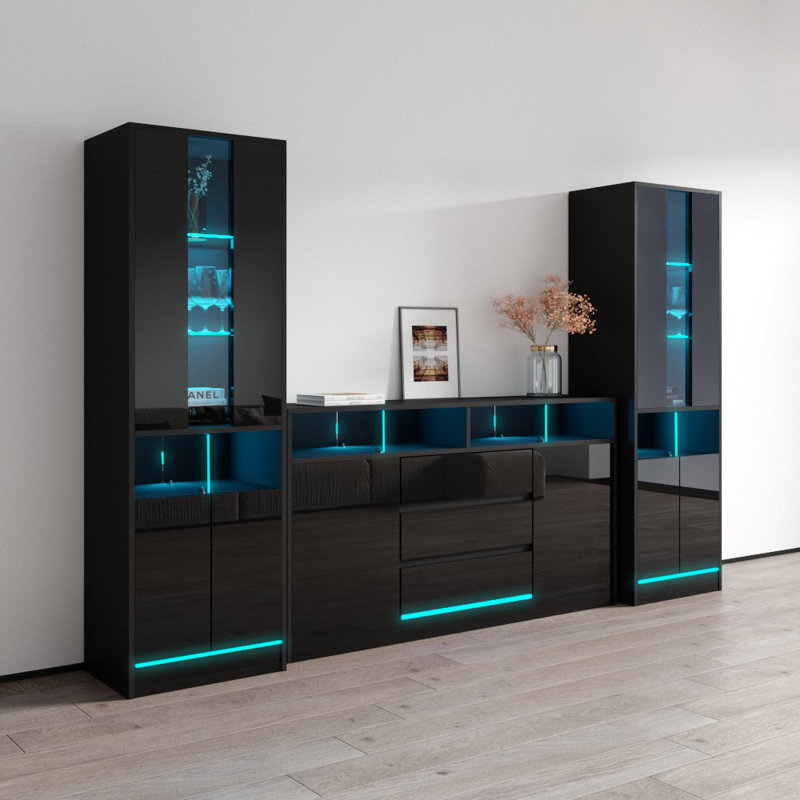 Rameer 70.9" Modern Entertainment Center with 16-Color LED Lighting, Black