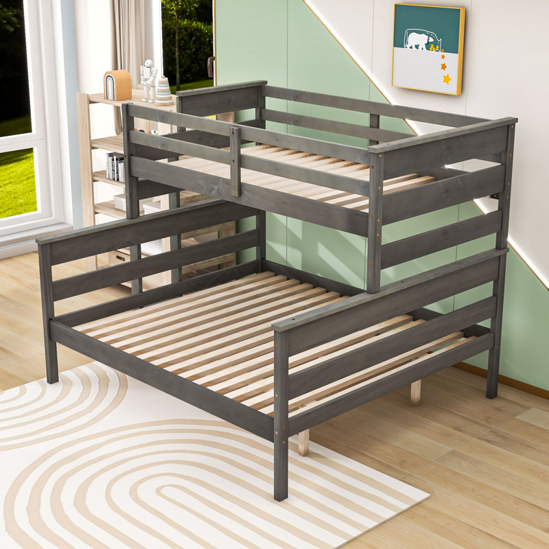 Wood Twin XL Over Queen Bunk Bed With Guardrails And Ladder, Convertible To 2 Beds, Gray