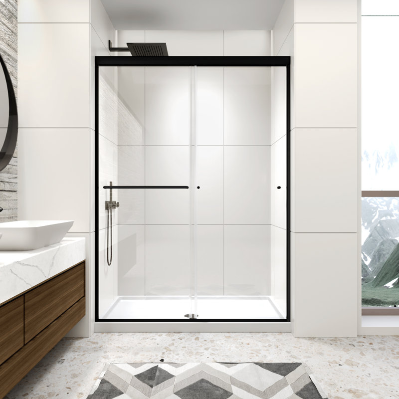 Porte de douche coulissante double l 50 à 54 po x H 72 po, porte de douche encadrée avec verre trempé transparent de 1/4 po (6 mm), portes de douche au fini noir mat avec barre à serviettes, installation réversible