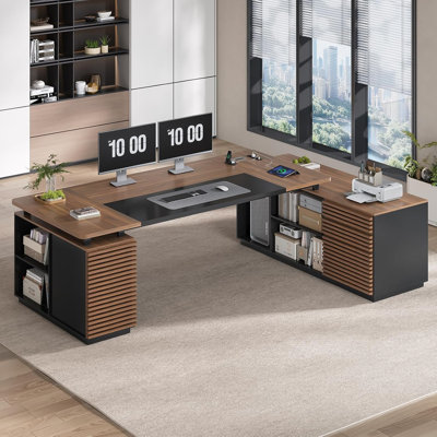 78.7" Executive Desk, L Shaped Corner Computer Desk with with Power Outlet, Home Office Desk with File Drawers  Storage Shelves, Privacy Panel, Walnu