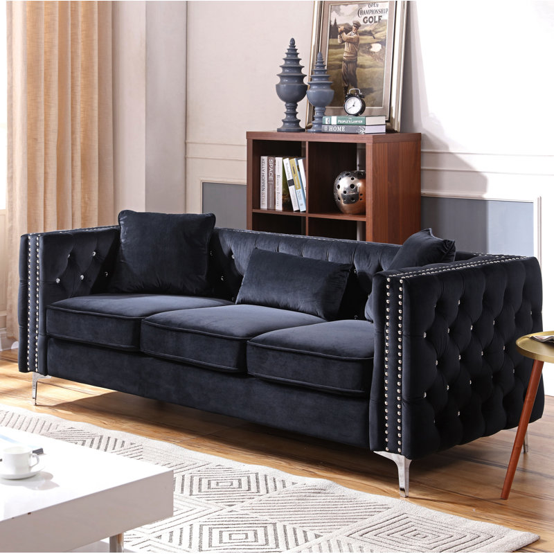 Cannella 86'' Velvet Sofa, Black Velvet