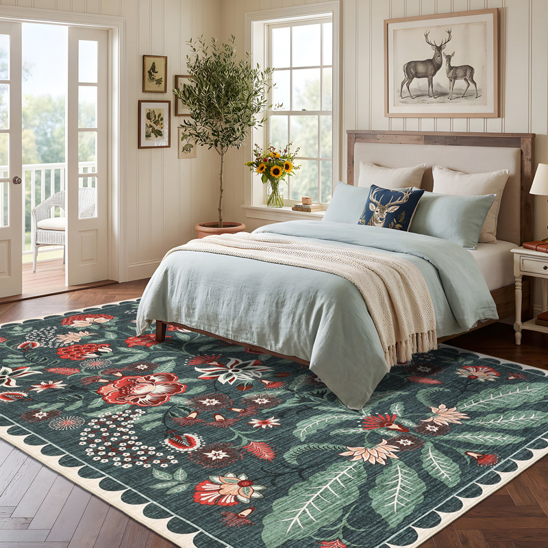 Tapis vintage lavable floral pour chambre à coucher et salon, 8 x 10 pi (bleu-vert)