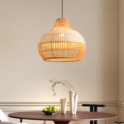 1 - Light 16.9" Boho Hand-Woven Natural And White Rattan Dome Pendant Light