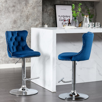 Confortable en velours bleu, hauteur réglable de 25 à 33 pouces pour la maison et l'îlot de cuisine de 2 pouces, siège rembourré avec dossier
