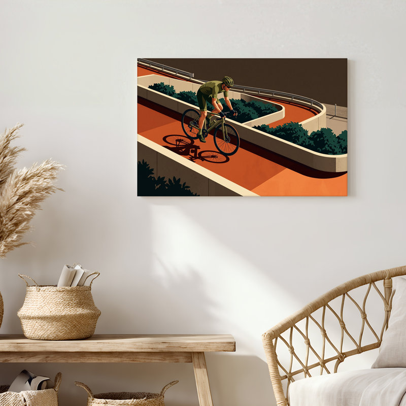 «Green Jersey Cyclist on Orange Curved Track», art mural sur toile, 16"H x 24"W