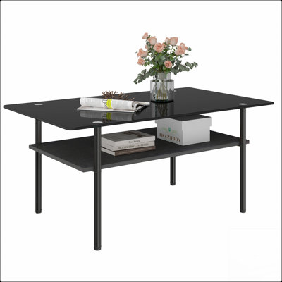 Modern Rectangular Tempered Glass Coffee Table with Metal Legs and Wooden Shelf, Easy to Clean and Stylish Centerpiece