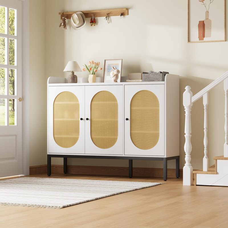Shoe Cabinet With 3 Rattan Doors, 7-Tier Shoe Storage Cabinet With Adjustable Shelves, White