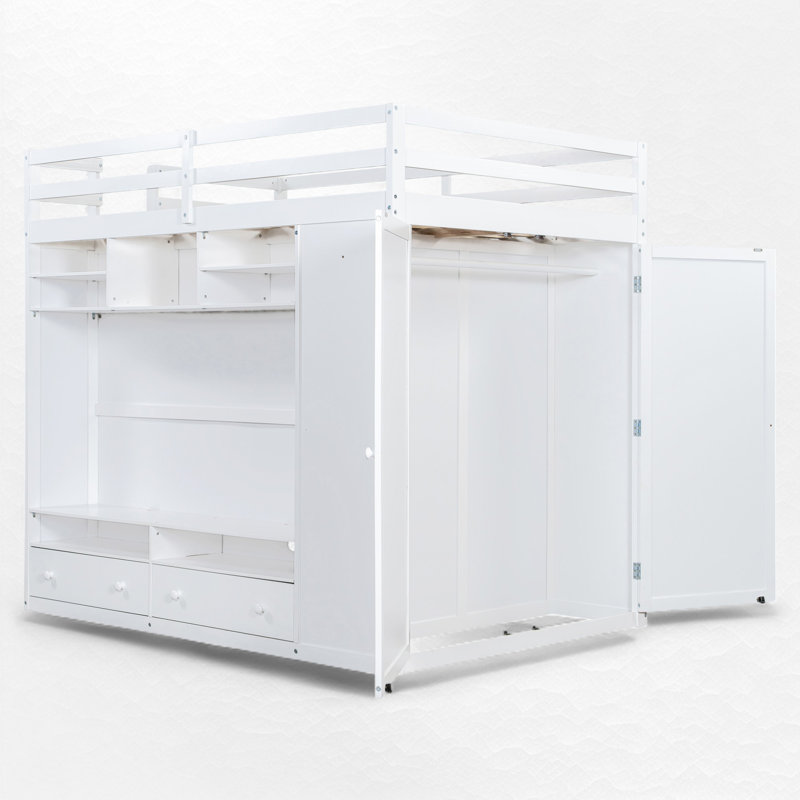 Lit mezzanine double avec garde-robe intégrée et meuble télé, Blanc