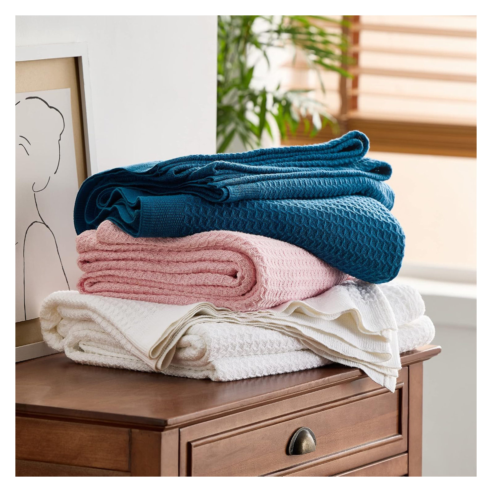 Essential Collection Bedsure 406gsm 100% Cotton Blanket Breathable Waffle Weave Throw Blanket GentleSoft™️, Teal, Twin-XL